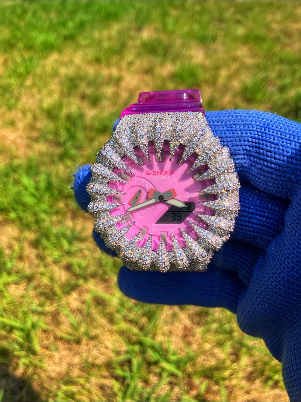 Custom G Shock Pink Ga2100 with silver Moissanite bezel